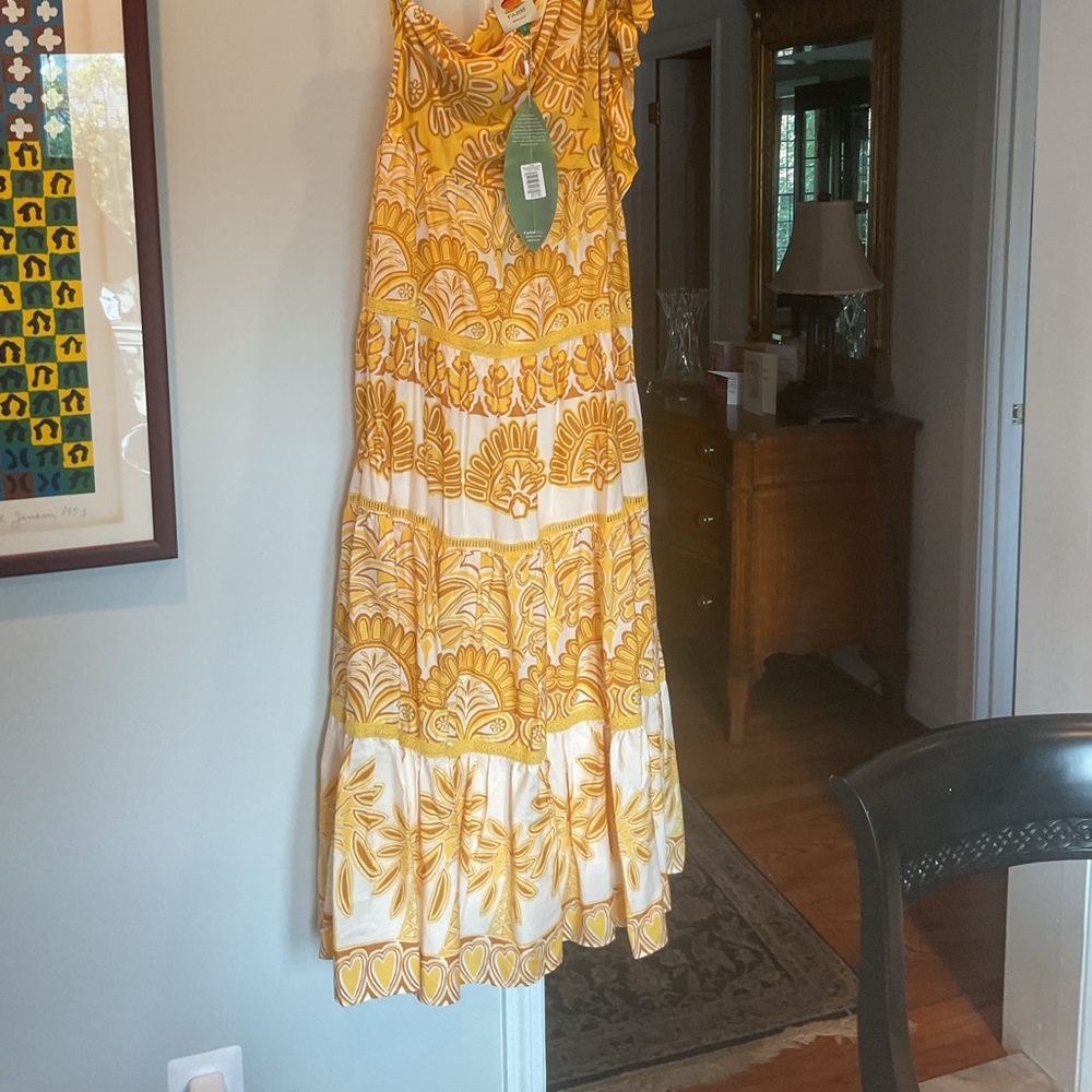 Farm Rio Vibrant Yellow and White Patterned Dress L